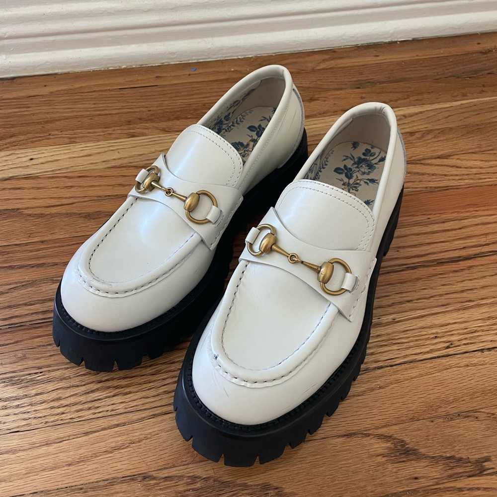 Gucci White Lug Sole Horsebit Loafers 38.5